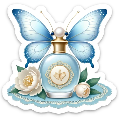 A delicate glass perfume bottle with an iridescent pearl finish rests on a vintage lace doily. A pale blue butterfly flutters nearby, its shimmering wings catching the soft golden light. Scattered white peony petals and a string of pearls add a touch of timeless elegance. sticker