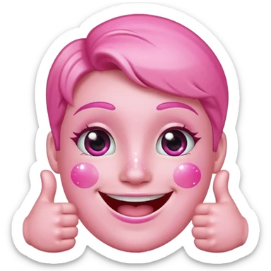smiling pink face with sparkles and both thumbs up, playful and fun sticker