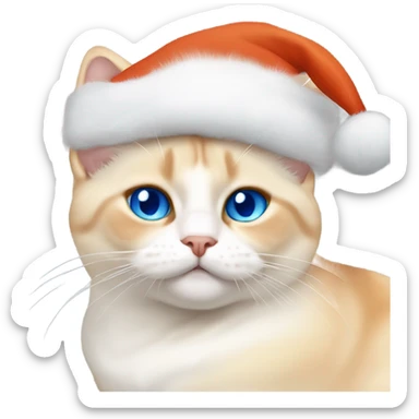 chubby fat, flame point Siamese, short fur, with white fur with orange accents, and blue eyes, smiling, wearing a red santa hat  sticker