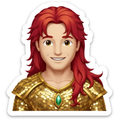 Adonis, God of Beauty from Gods and Goddesses with long red hair, gold sequin outfit sticker
