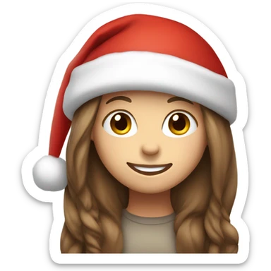 White skinned girl with long brown straight hair with a Santa hat on smiling sticker
