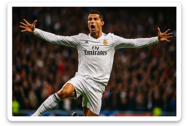 Cristiano Ronaldo in Real Madrid uniform jumping with arms outstretched, 'siu' celebration, dynamic action, crowd in background sticker