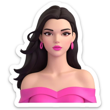 Kendall Jenner supermodel, longer face, long dark hair, bright pink glossy lipgloss, rosy pink blush, sharp winged eyeliner, bare shoulders sticker