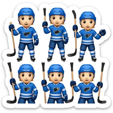 Set of 8 hockey sticker emojis for kids: happy player with a puck, tired player, celebratory player, player cheering, hockey helmet, hockey stick, ice rink, and team logo. sticker