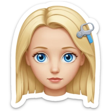 blonde girl, blue eyes with clips in hair and the forehead as big as megamind sticker