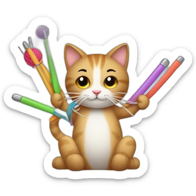 cat holding up crochet hooks surrounded by balls of yarn sticker