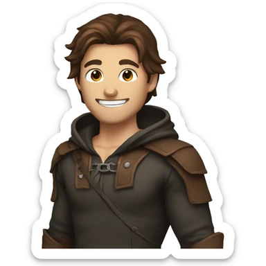 human male rogue with brown hair wearing a hood grinning sticker