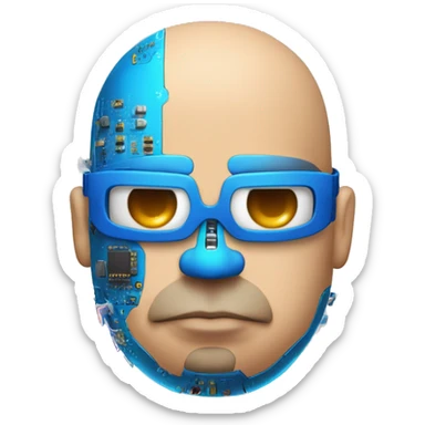 Fat bald cyborg head with tan skin, blue beard, blue goggles and circuits sticker