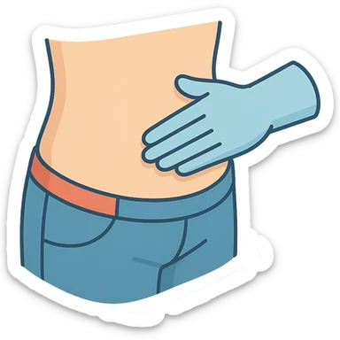 Close-up of a human abdomen with a doctor palpating the area with a gloved hand coming from the opposite side, fingers gently pressing, side view, person wearing pants (not underwear), in a very detailed 2D isometric style with soft rounded shapes, clean contours, pastel palette, detailed shadows and highlights, modern illustration, transparent background. sticker