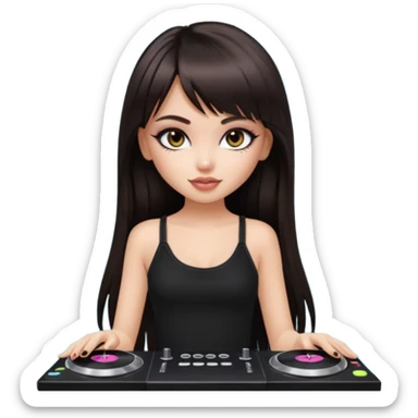 generate a pretty bratz girl in black cami top, dark brown straight long hair with bangs, eyeliner on, djing, fair sticker