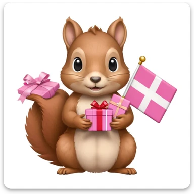 a squirrel holding a pink gift box in one hand and a Swiss flag in the other, both objects clearly visible, simple white background, the gift is a different color from the flag sticker