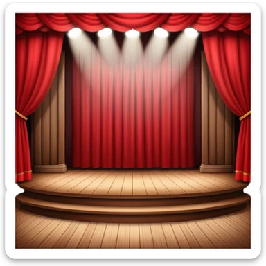 classic theatre stage with red curtains pulled to the sides, wooden floor, and spotlight focused at the center sticker