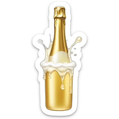 an open Champagne wine bottle popping and dripping from the top with foam sticker
