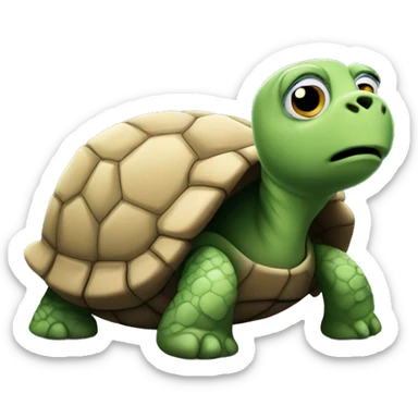 a sad turtle whose shell is a cityscape sticker