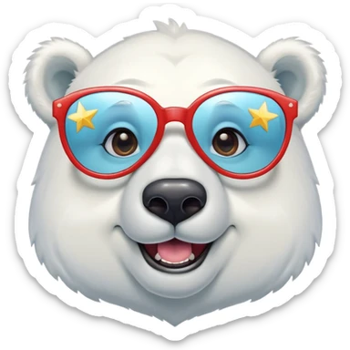 head and shoulders of a friendly anthropomorphised polar bear smiling, wearing large multicolored star-shaped glasses sticker