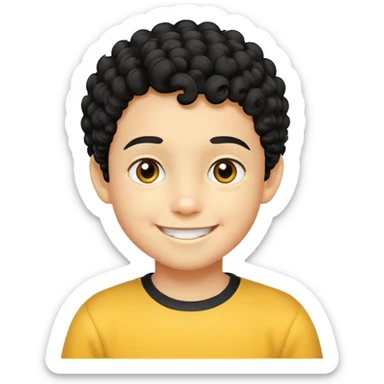 bé trai 10 tuổi, da vàng, tóc ngắn xoăn màu đen, mặt cười tươi vui vẻ sticker