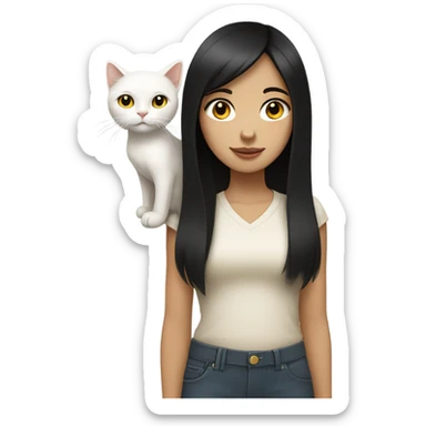 Girl with black straight hair white skin brown eyes holding white cat with yellow eyes sticker