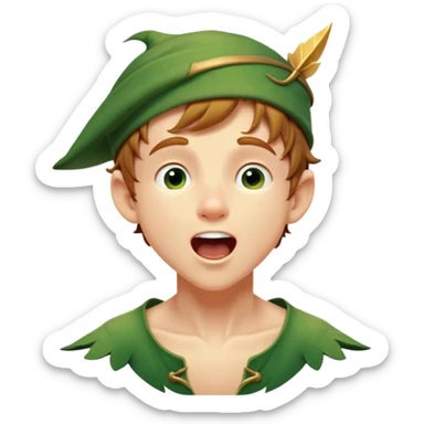 Cinematic Realistic Peter Pan Portrait, head tilted slightly with a dramatic, wide-open yawn, revealing a relaxed yet spirited expression. His detailed tunic and cap, paired with a gentle, ambient glow, capture a tender moment of vulnerability amidst his eternal quest for adventure. sticker