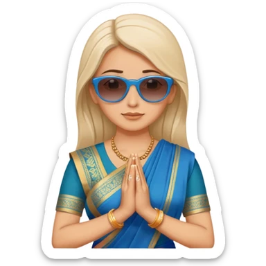 white women wearing blue Saree , sunglasses and joined hand in praying position sticker