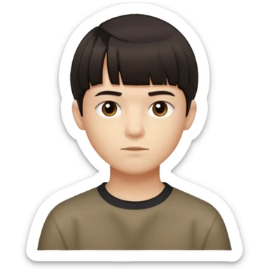 A boy no long hair À emoji that don’t smile Dark brown thick hair, short blunt fringe with straight bangs, compact textured top, evenly cut front, short tapered sides (not shaved), clean modern haircut, realistic emoji style, neutral expression. sticker