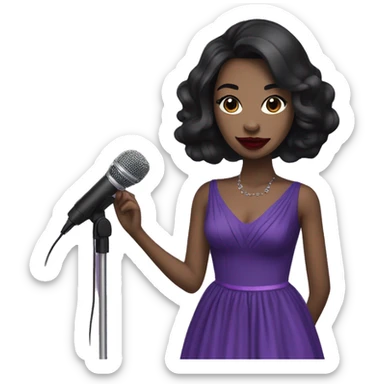 tall girl with long straight black hair with red lipstick with a microphone and purple prom dress sticker