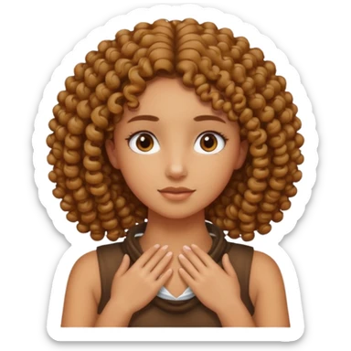 A tan girl with curly hair with hands crossed on neck sticker