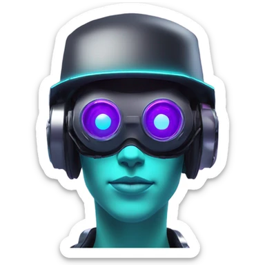Secret humanoid agent in a futuristic hat with in Apple VR goggles headset code display on the goggles , cyberpunk, cyan and purple colors, only upper body portrait, front facing the camera  sticker