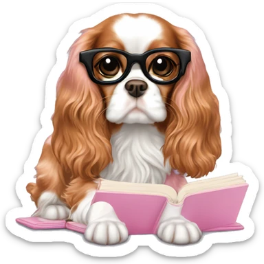 Cavalier King Charles Spaniel with gold eye glasses reading baby pink book sticker
