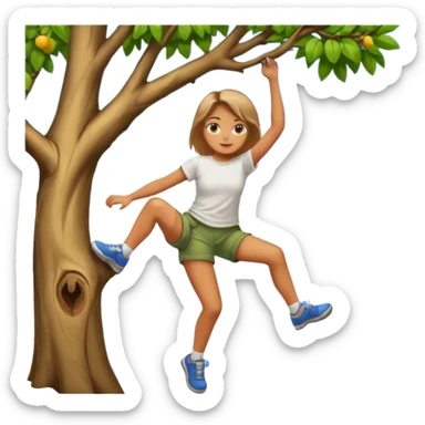 una chica subido de un arbol colgando sticker