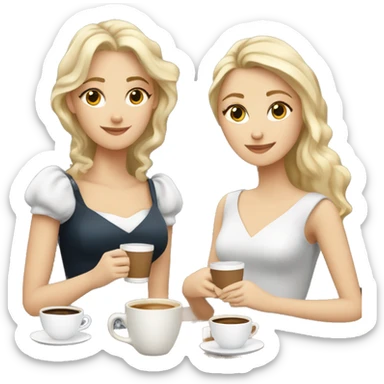 Four beautiful white european girls, one with blond hair and two dark blond hair in dresses have coffee sticker