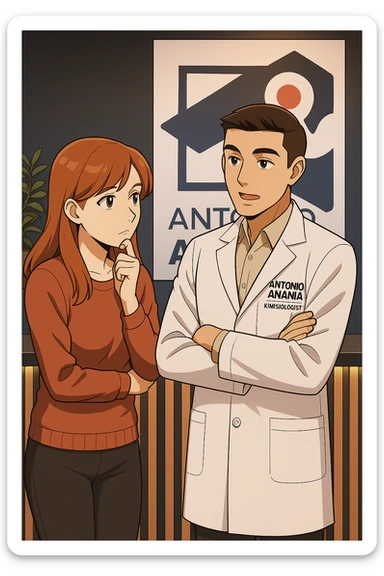 su questo stile fai un manga/webtoon a colori in cui una donna SI TOCCA IL MENTO CON L'INDICE MENTRE ASCOLTA PENSIEROSA L'UOMO, l'uomo della foto in stile manga LE SPIEGA CHE DEVE PROVARE LA SUA VALUTAZIONE MEDICA, mantieni un ambiente simile alla foto che ho allegato con il suo logo (sarebbe il suo studio, lui è un kinesiologo), scrivigli "ANTONIO ANANIA" sul camice bianco, non mettere fumetti, ma fai in modo che sembri che la donna ASCOLTI l'uomo sticker