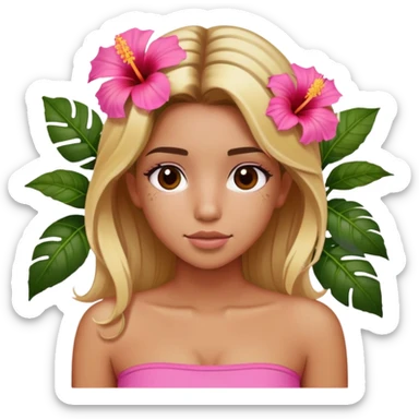 tan girl with blonde hair and brown highlight streaks with a hibiscus flower in her hair wearing a pink tube top with tan lines showing sticker