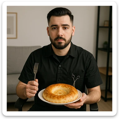 sartarosh xonada sal zamonaviy roq bulsin shunchaki tarelka v vilka ushlab utirsin tarelkada esa faqat uzbekcha non bulsin kayfiyati xam urtacha bulsin xursan bob ketmasin sticker