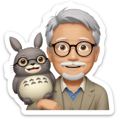 _cinematic-realistic-portrait-of-hayao-miyazaki,-depicted-with--large-rectangular-glasses,-his-happy-expression-rendered-in-lifelike-detail,-illuminated-with-soft,-realistic-lighting-that-emphasizes-his-creative-genius, with totoro sitting on this shoulder  sticker