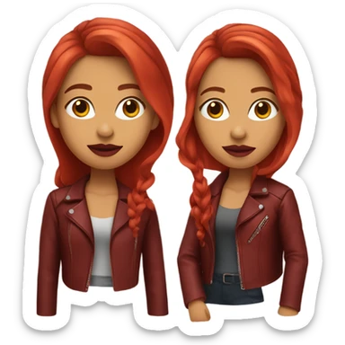 Long haired red head Latina with a red leather jacket and bright red lipstick sticker