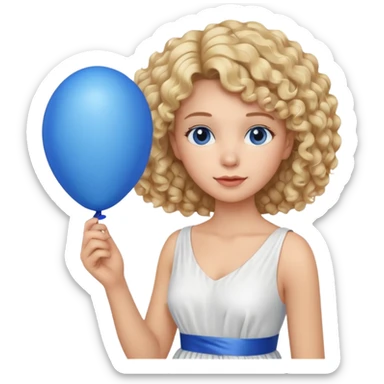 Woman curly blonde with blue balloon, white dress sticker