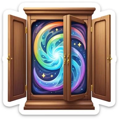 magical vanishing cabinet with doors partially open showing mystical energy inside sticker