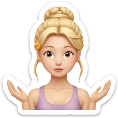 Cinematic Realistic Yoga Girl Portrait, depicted with lifelike skin texture, subtle rosy undertones, and soft natural lighting that enhances the gentle contours of her face. Her intricately detailed golden blonde hair is elegantly styled in an updo, sticker