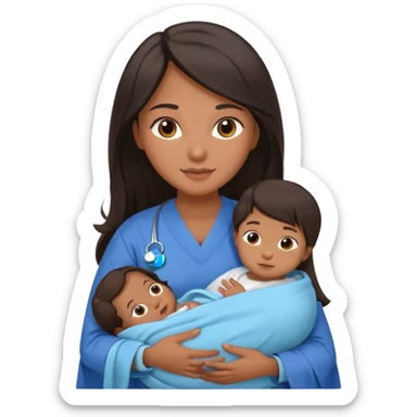 Female nurse with long dark hair with medium brown skin and brown eyes holding a baby sticker
