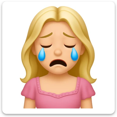 Create an iOS emoji style blonde woman with long hair and pale green eyes, crying expression, based on the appearance in the reference image. sticker