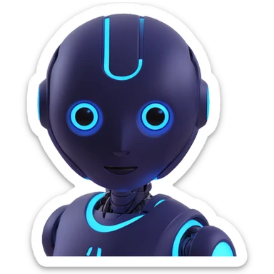 friendly futuristic AI bot with a digital face, glowing blue eyes, simple robot body sticker