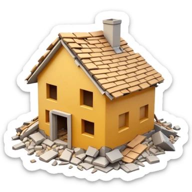 3D iPhone style emoji of a completely destroyed house, heavily damaged, collapsed into rubble, broken walls and roof scattered into debris, isolated on white background, soft shadows, high detail, playful and cute. sticker