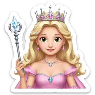 glinda the good witch from wicked movie, blonde hair, beautiful, big silver thin tiara, wand, pink gown sticker