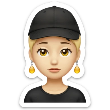 Create me an emoji like that, sad, with earrings, a black cap backwards, yellow skin like an emoji, and short hair down to the nape of my neck. sticker