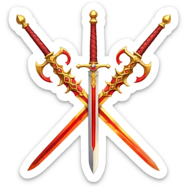 Two crossed swords that are golden in blade and handle and have fiery and royal appearence to them as well as red gem stones yellow in color sticker