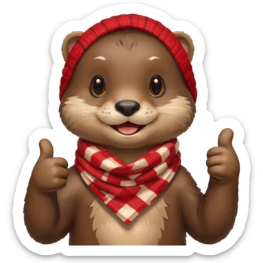 a cute otter smiling and giving thumbs up, wearing red Checkered Triangle scarf sticker