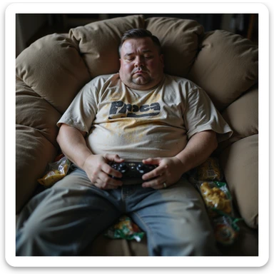 hyperrealistic 4K image of an overweight man in a stained t-shirt melting into the crevices of a couch, gaming controller dangling from limp hands, empty snack bags forming a nest around him, messy and lethargic atmosphere, visible exhaustion sticker