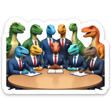 different office dinosaurs in suits sitting along the conference table sticker