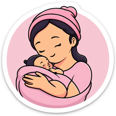 mother tenderly holding sleeping newborn baby wearing pink knit hat sticker