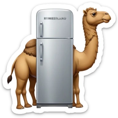 A silver refrigerator with doors as the body, a brown camel head with a hump on top, and tan Timberland boots on the bottom sticker